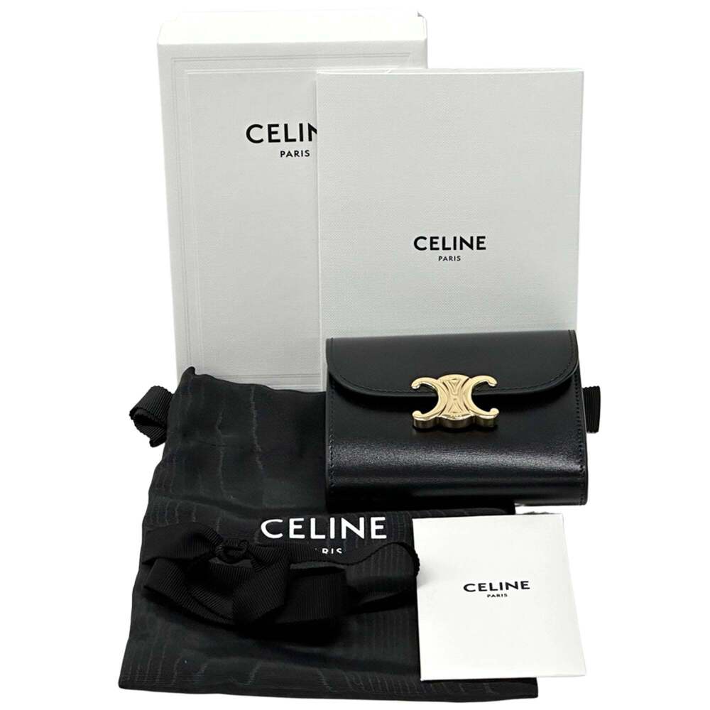 Celine CELINE Women's Tri-fold Wallet, Triomphe Leather, Black, Mini Wallet - Picture 7 of 8